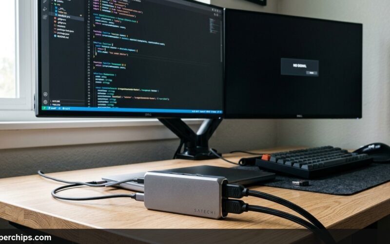 Modern dual monitor desk setup with USB-C hub showing one active display and second monitor displaying no signal