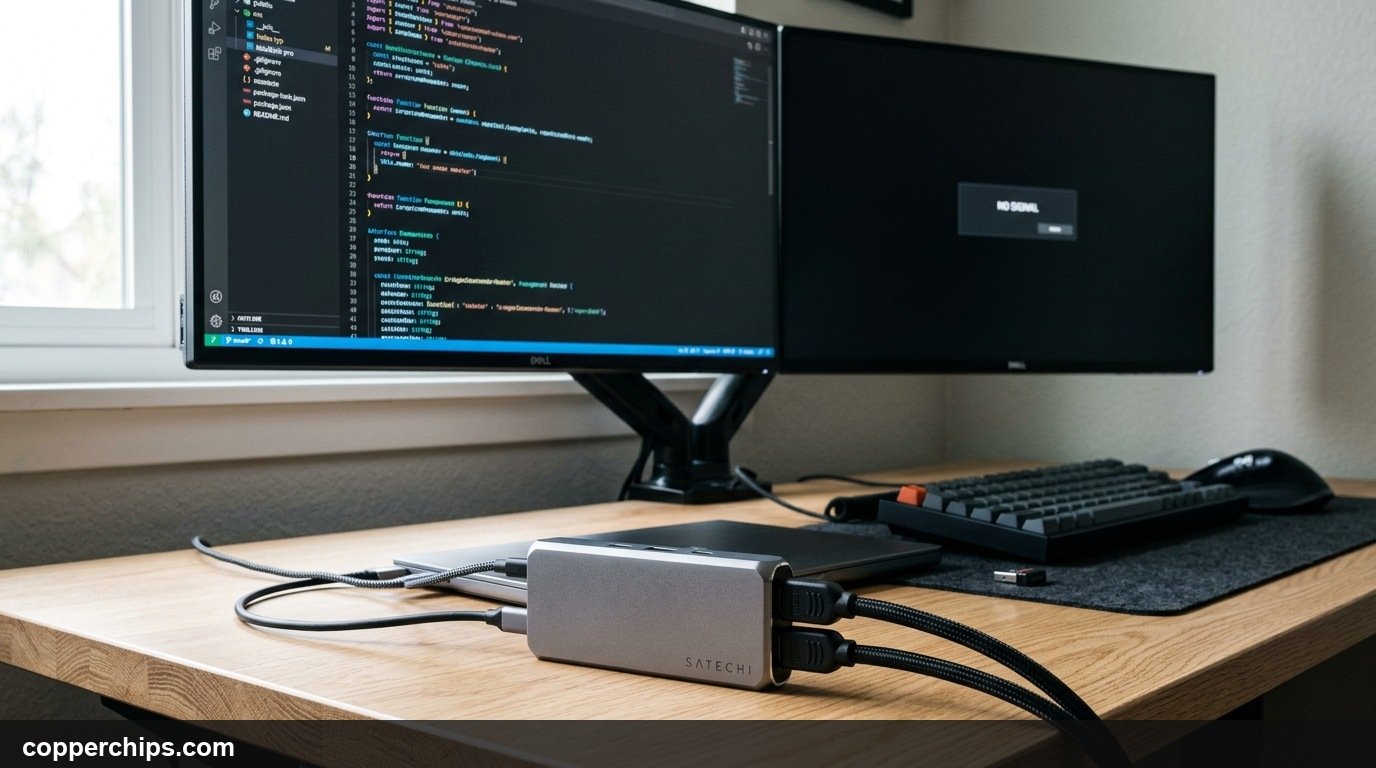 Modern dual monitor desk setup with USB-C hub showing one active display and second monitor displaying no signal