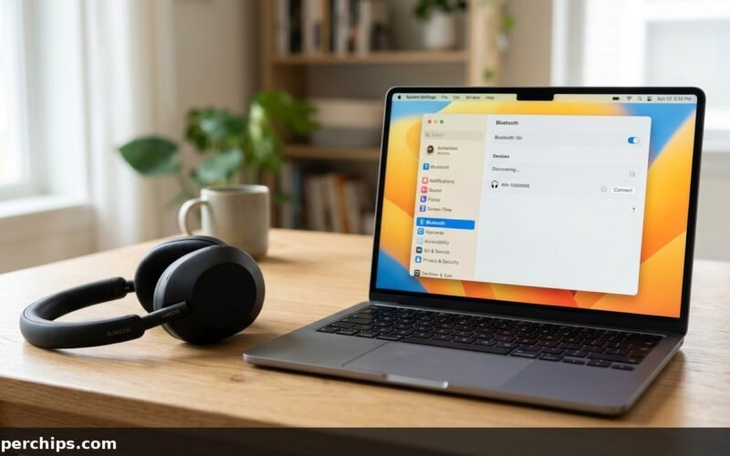 Wireless headphones resting on desk next to laptop with Bluetooth pairing disconnection issues