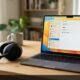 Wireless headphones resting on desk next to laptop with Bluetooth pairing disconnection issues