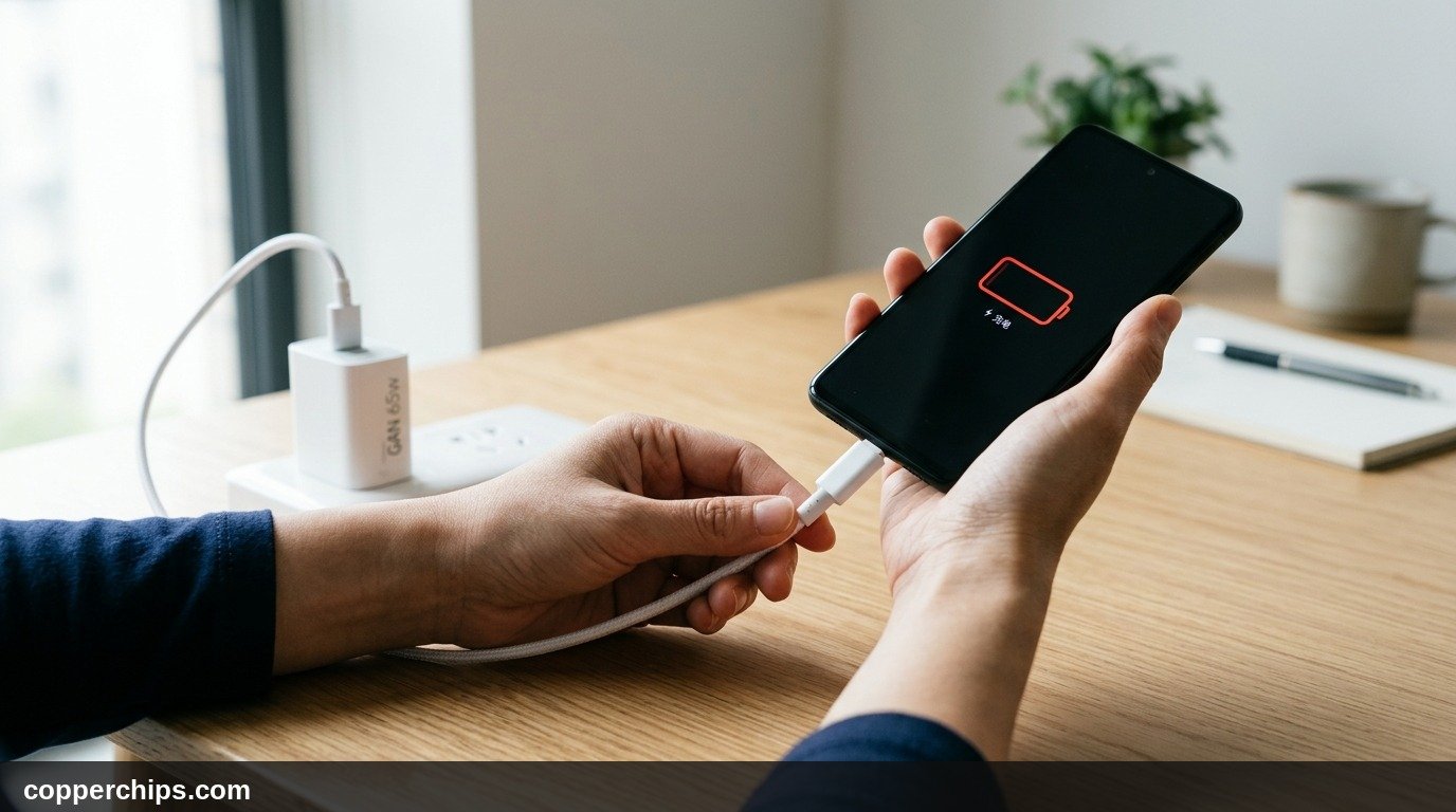 Person holding a phone connected to a fast charger power brick on a desk