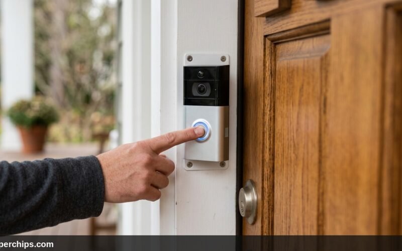 Person pressing the button on a Ring video doorbell to test the chime ring
