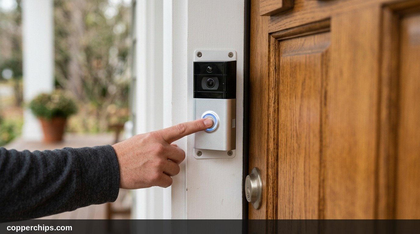 Person pressing the button on a Ring video doorbell to test the chime ring