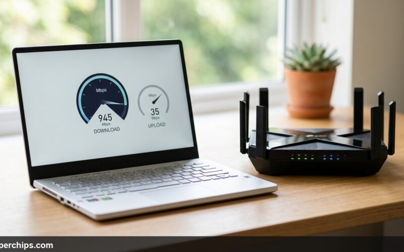 Laptop displaying broadband speed test with fast download and slow upload next to router