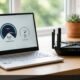 Laptop displaying broadband speed test with fast download and slow upload next to router