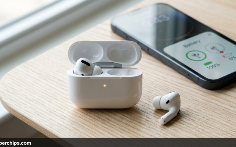 Open AirPods charging case with amber LED on desk with one earbud charging and one dead on table