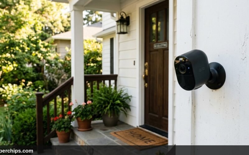 Wireless black smart security camera mounted on exterior home pillar near porch