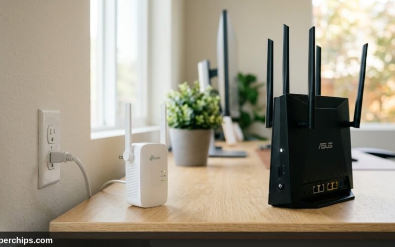 WiFi booster vs WiFi extender hardware comparison showing an extender next to a router