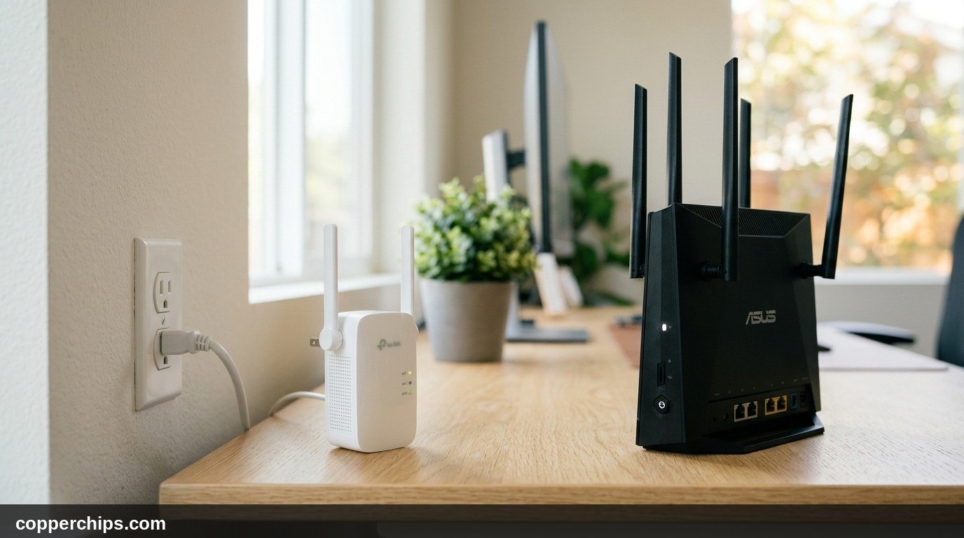 WiFi booster vs WiFi extender hardware comparison showing an extender next to a router