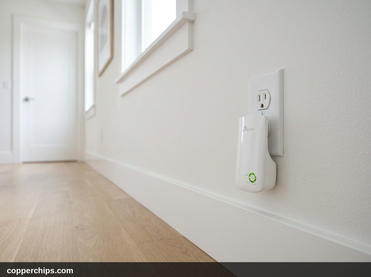 Compact white WiFi range extender plugged into a hallway wall socket