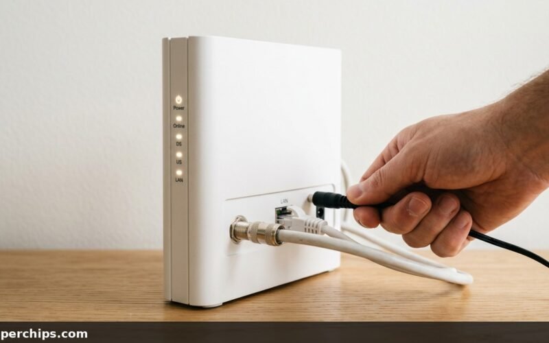 Hand unplugging a cable modem power cord to reset the modem safely