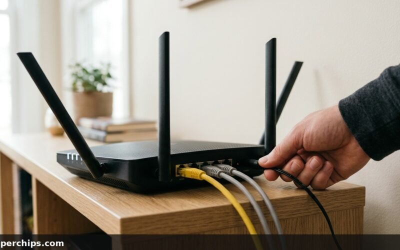 Hand unplugging a WiFi router power cord to restart the router