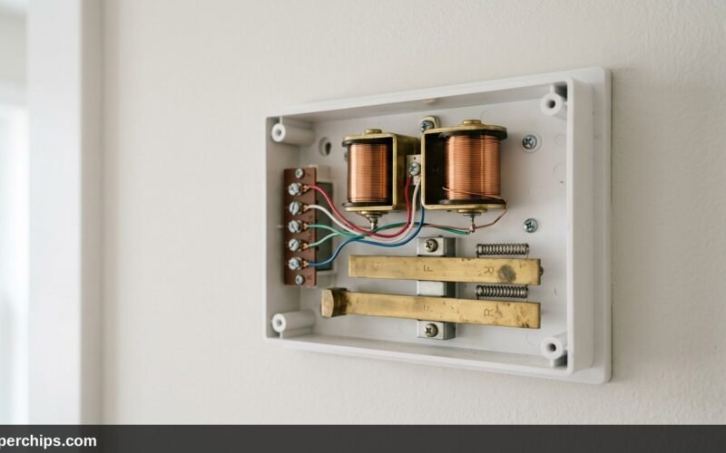 Open mechanical doorbell chime box mounted on wall showing electromagnetic coils and wiring