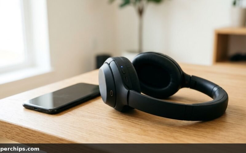 Sony WH-1000XM4 pairing mode shown by blue light on headphones resting beside a smartphone