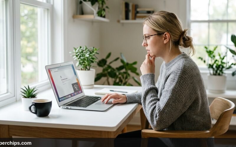 Person sitting at desk frustrated by laptop screen showing disabled Wi-Fi connection